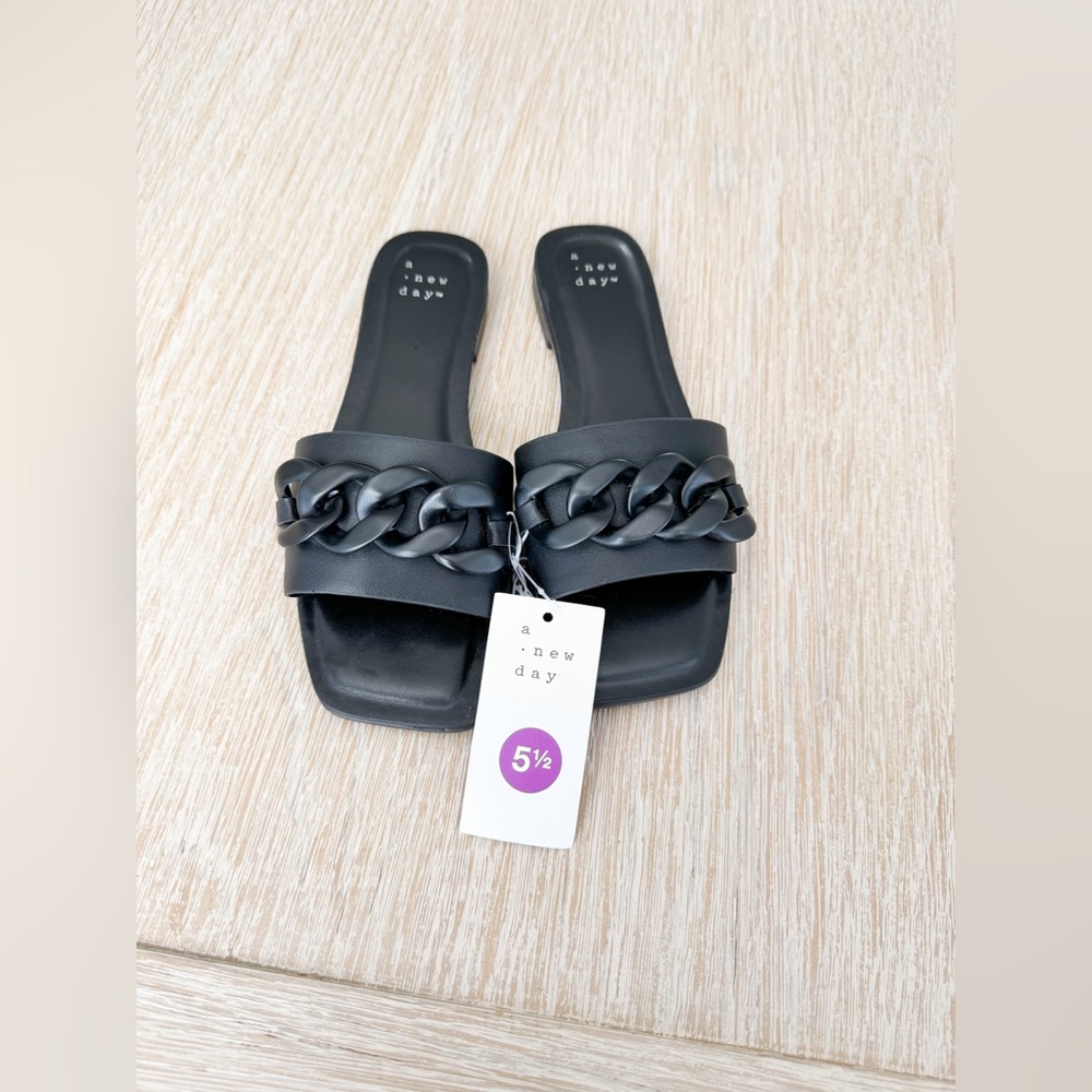 A New Day Black Slide Sandals with Chain Detail